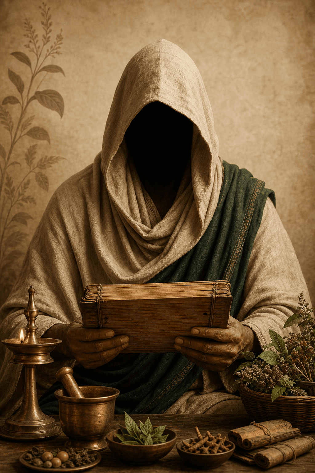 A faceless hooded ancient physician holding an Ayurvedic manuscript